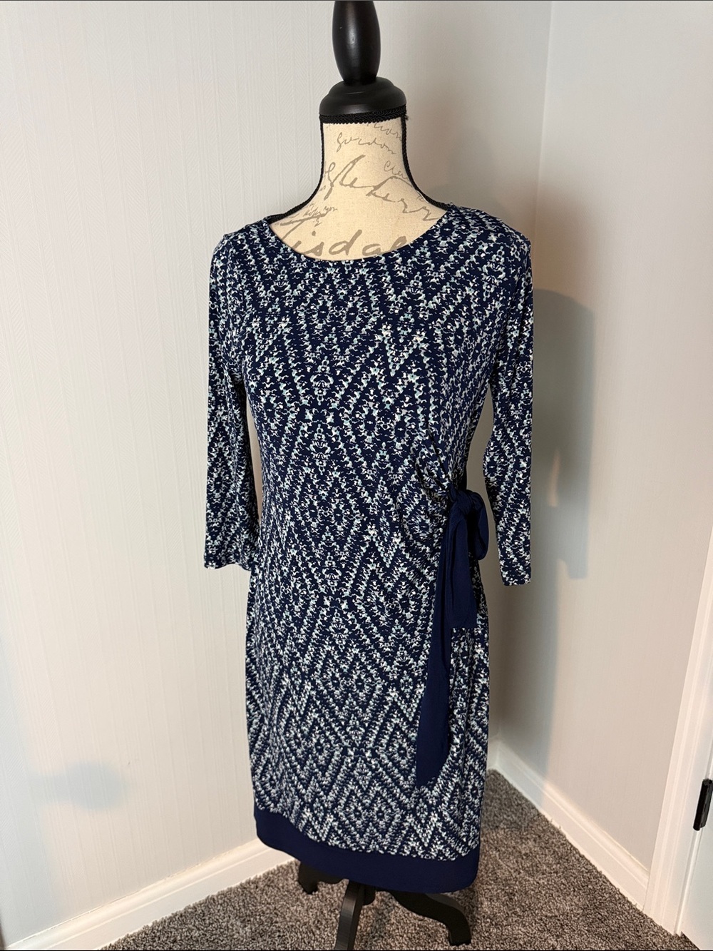 Motherhood Maternity Navy/Teal Sheath Dress W/Adjustable Tie Waist Size Small